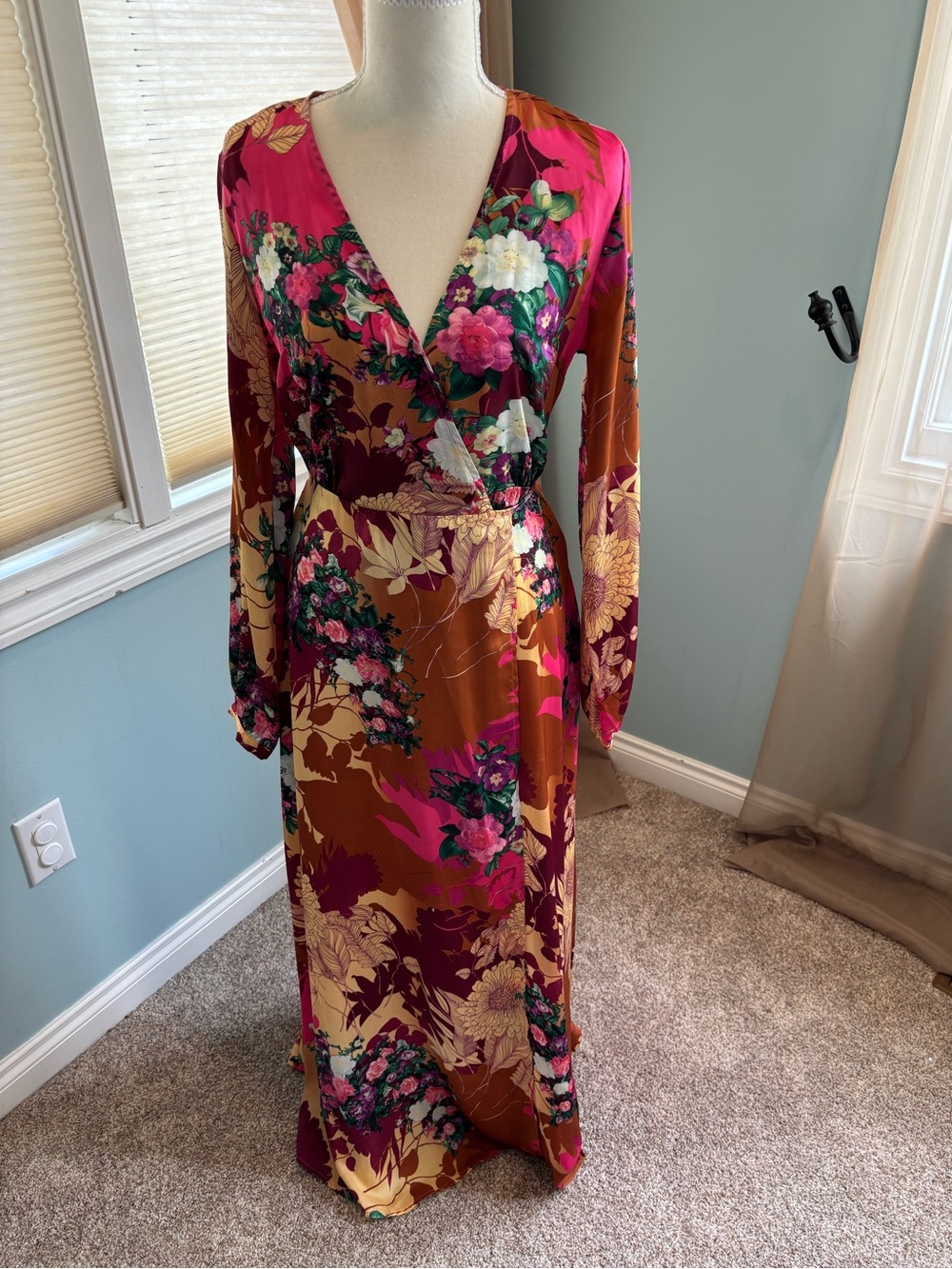 Lulus Floral Print Wrap Maxi Dress in Fuchsia and Brown